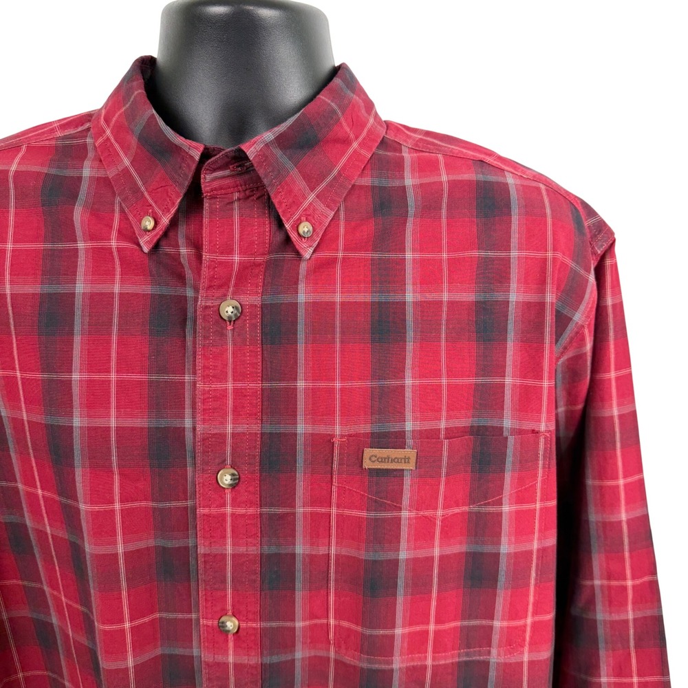 Carhartt Mens Large Red Black Plaid Long Sleeve Button Down‎ Cotton Shirt
